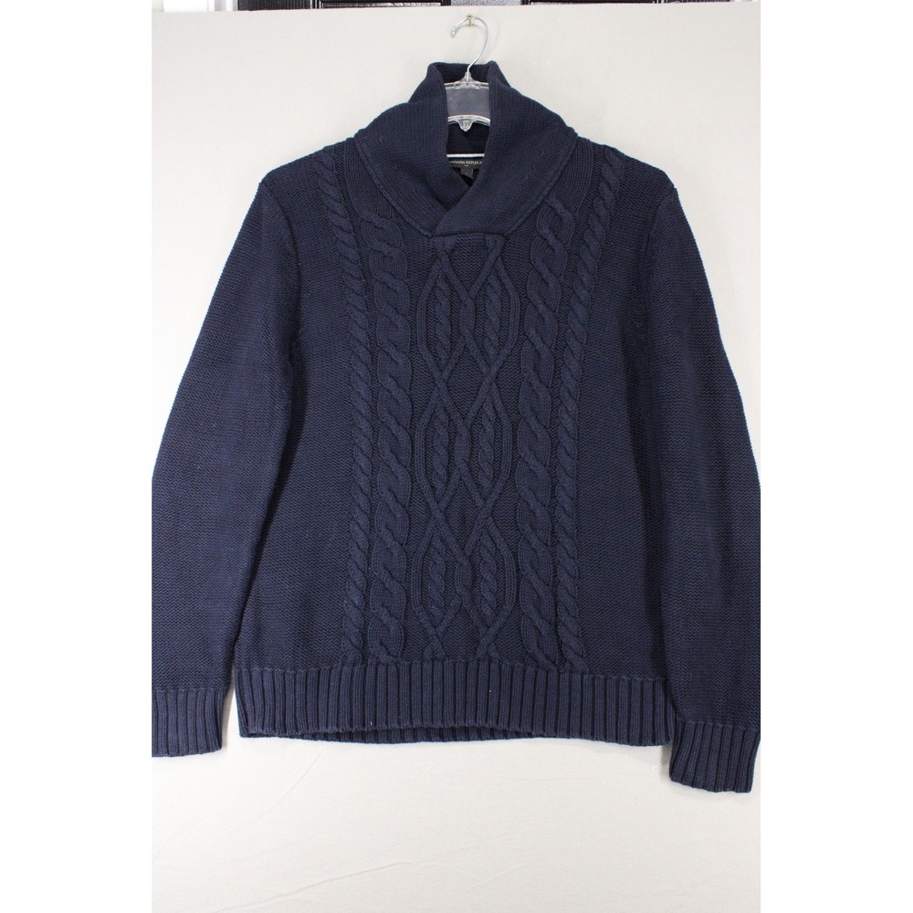 Banana Republic Sweater Shawl Collar Mens L Navy Blue Cotton Cable Knit Preppy